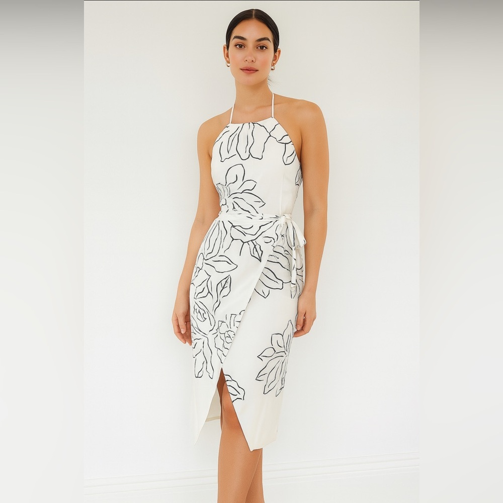 TALULAH Halter Wrap Midi Dress XS | White Floral Minimal Chic Summer Dress